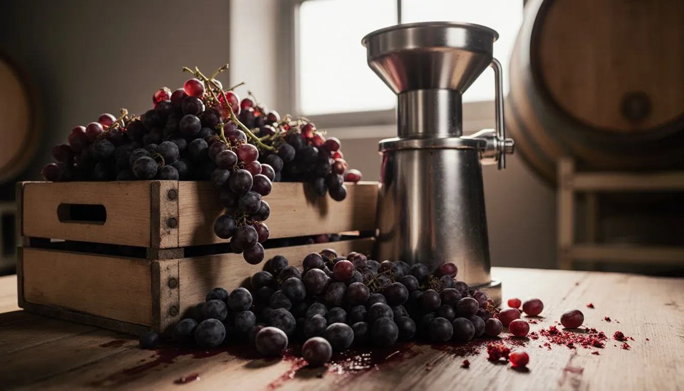 Freshly harvested wine grapes spilling from a crate beside a crusher during the winemaking process