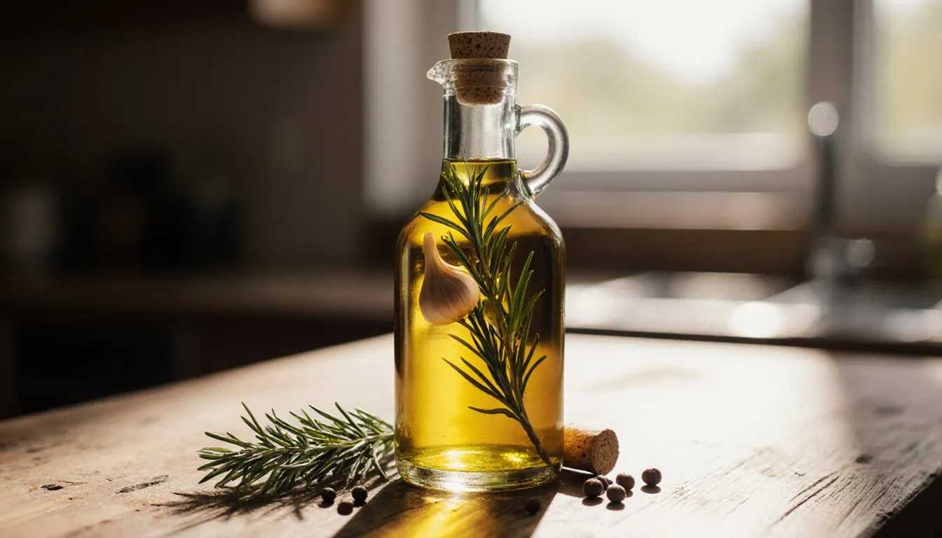 A glass bottle of homemade olive oil infused with rosemary and garlic on a wooden counter