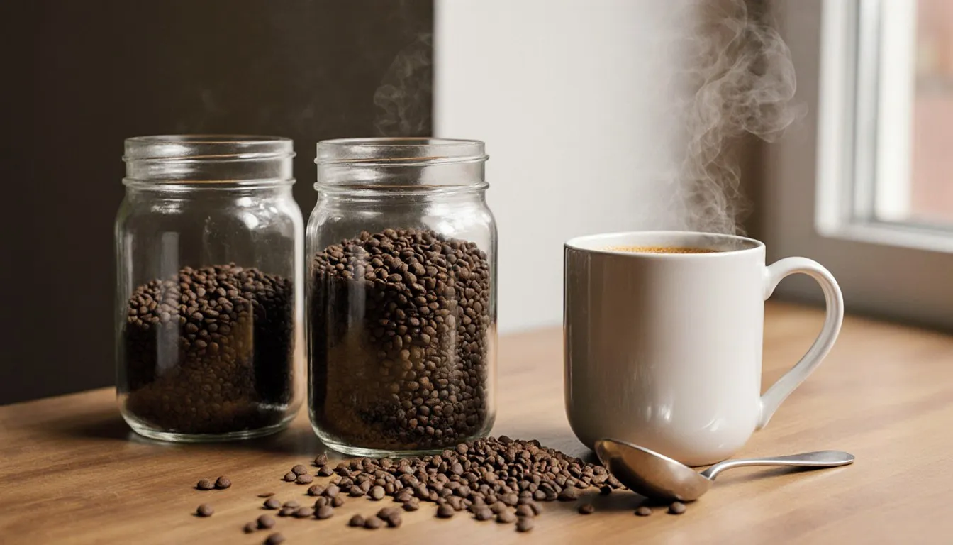 Jars of instant coffee granules beside a steaming mug on a kitchen counter