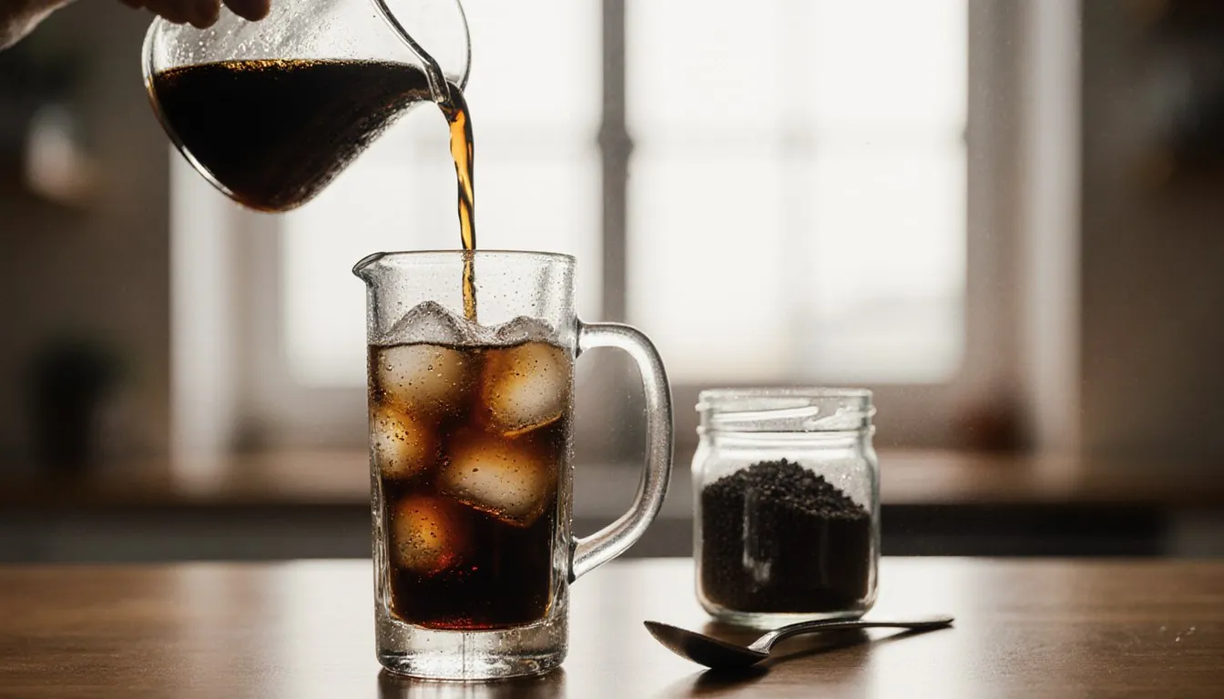 A glass of iced coffee being poured next to a jar of instant coffee granules on a kitchen counter