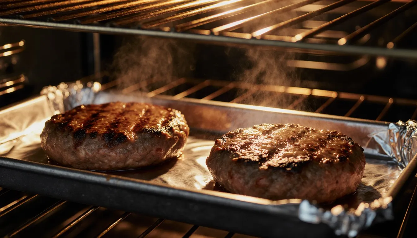 Beef hamburger patties browning on a broiler pan grate under an oven's glowing broiler element
