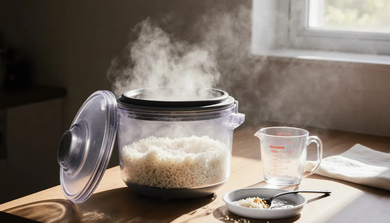 A microwave rice cooker with its steamer basket, measuring cup, and rice spoon beside a bowl of steaming cooked rice