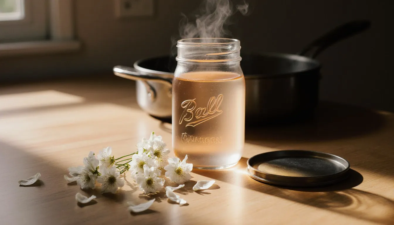 Fresh orange blossoms beside a jar of orange flower water with a steamer pot in the background