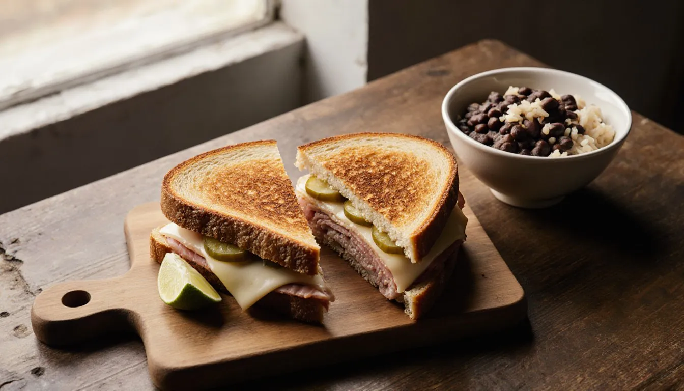 A sliced Cuban sandwich beside a bowl of black beans and rice on a wooden table