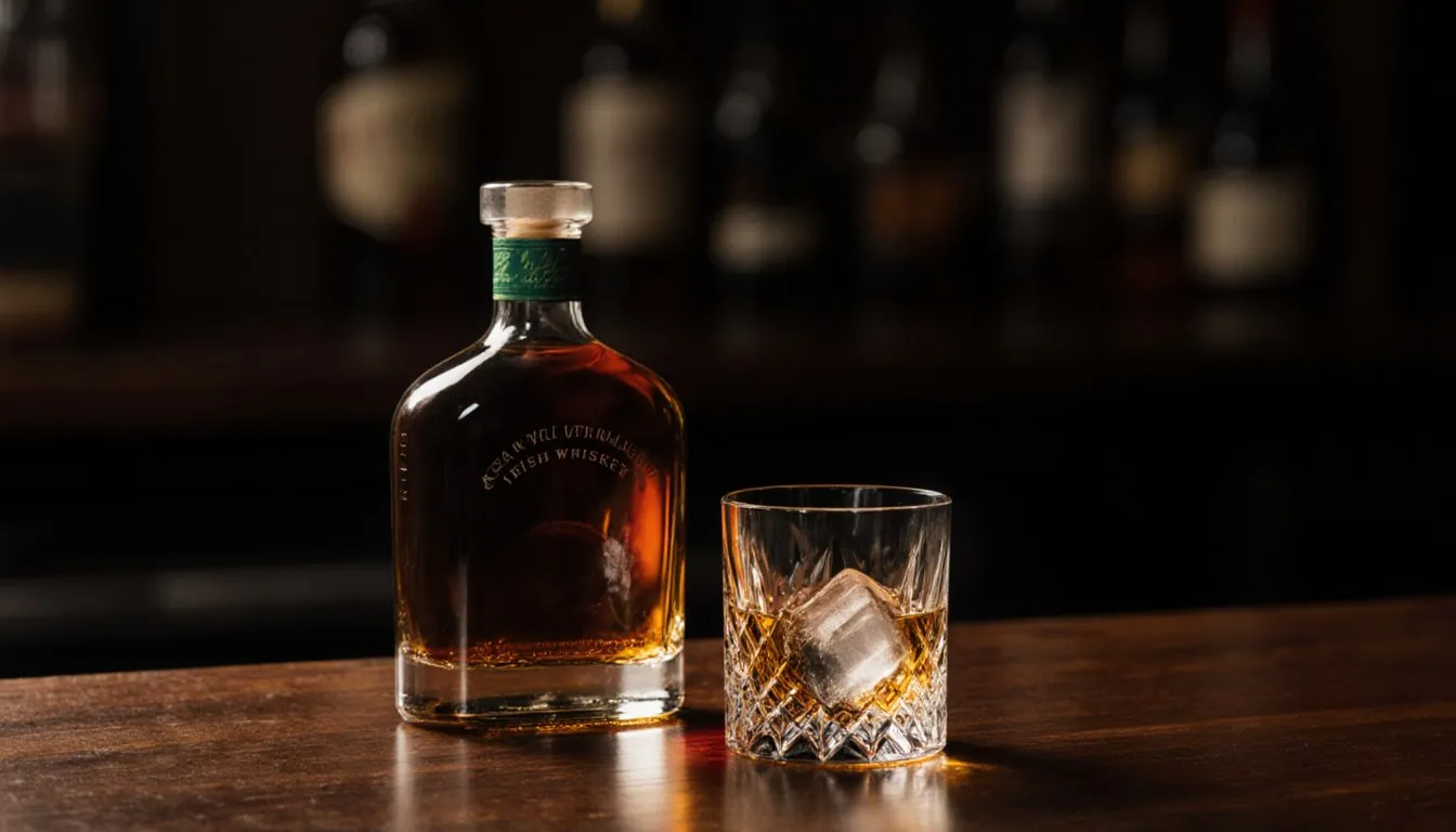 A tumbler of amber Irish whiskey beside an unlabeled bottle on a dark wood bar
