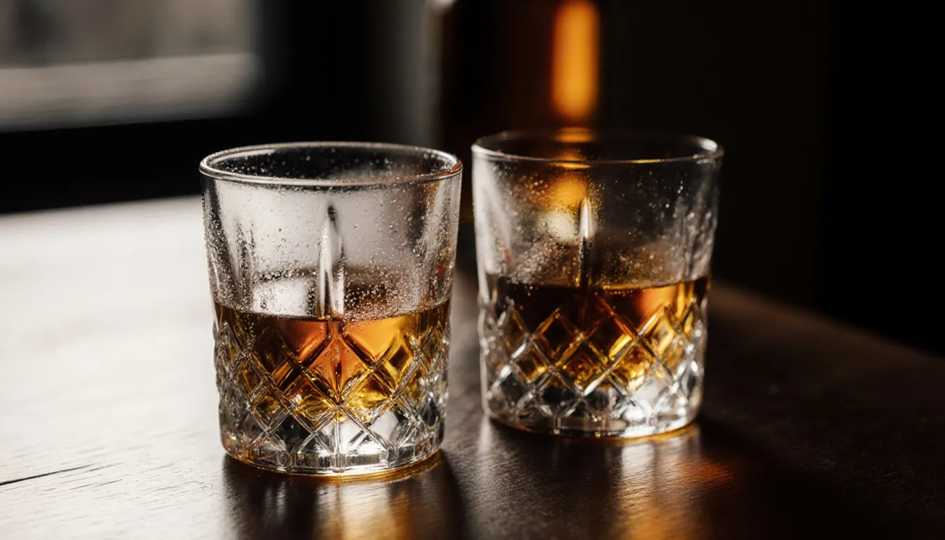 Two glasses of whiskey, one pale gold and one deep amber, set side by side on a wooden bar