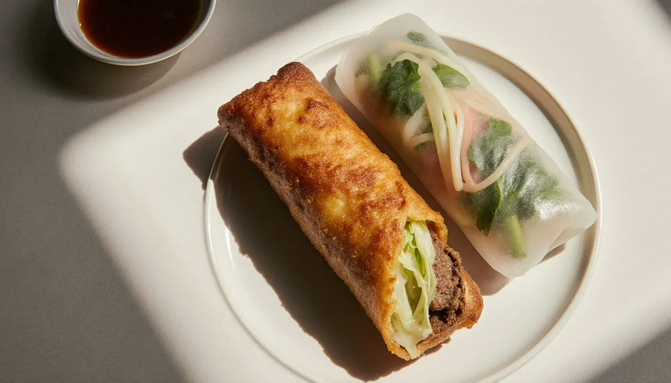 A crisp fried egg roll and a translucent rice-paper spring roll served side by side on a plate
