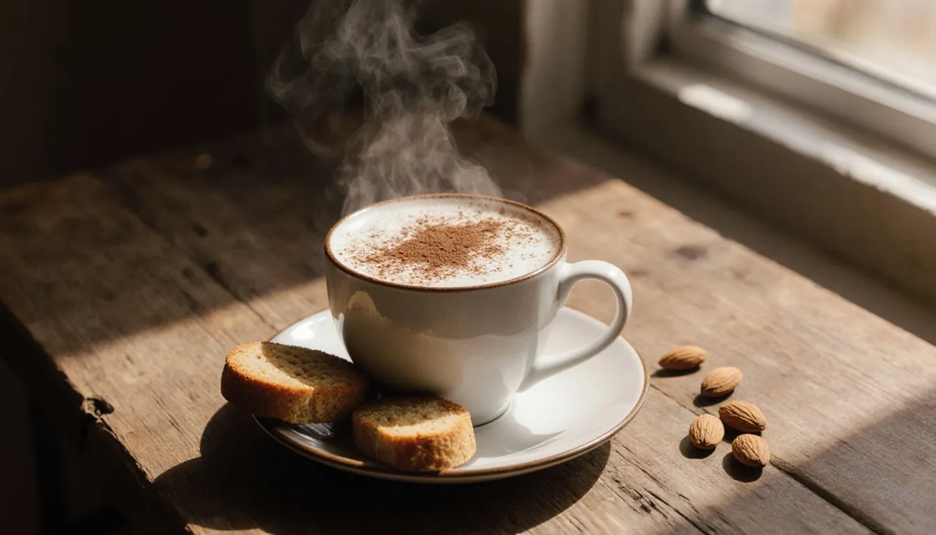 A frothy Italian cappuccino dusted with cocoa served alongside crisp biscotti on a wooden table