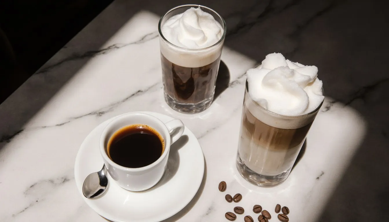 Espresso, cappuccino, and caffe latte arranged together on a marble café table