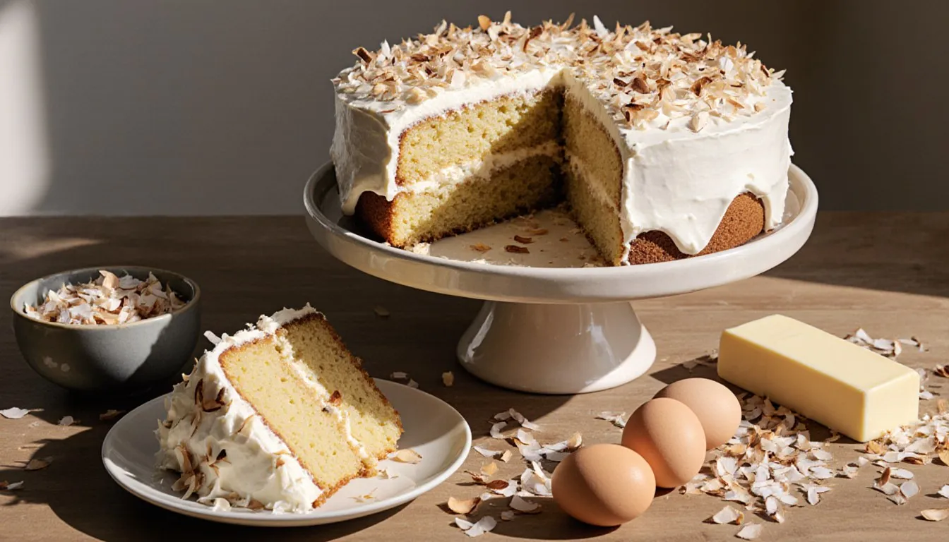 A frosted Italian cream cake with coconut on top, sliced to show its golden layers