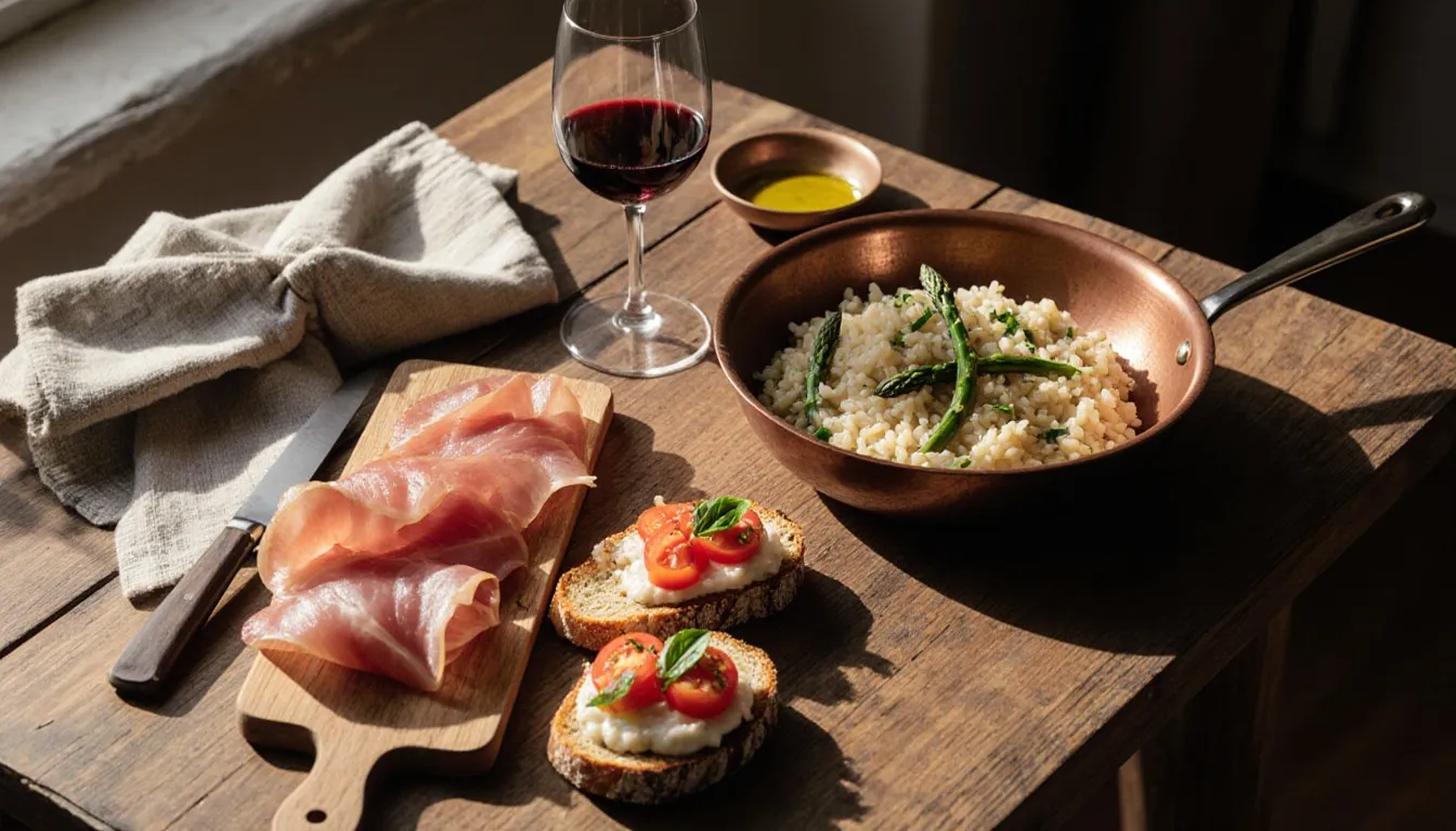 A wooden table with prosciutto, bruschetta, and a pan of asparagus risotto, classic courses of an Italian meal