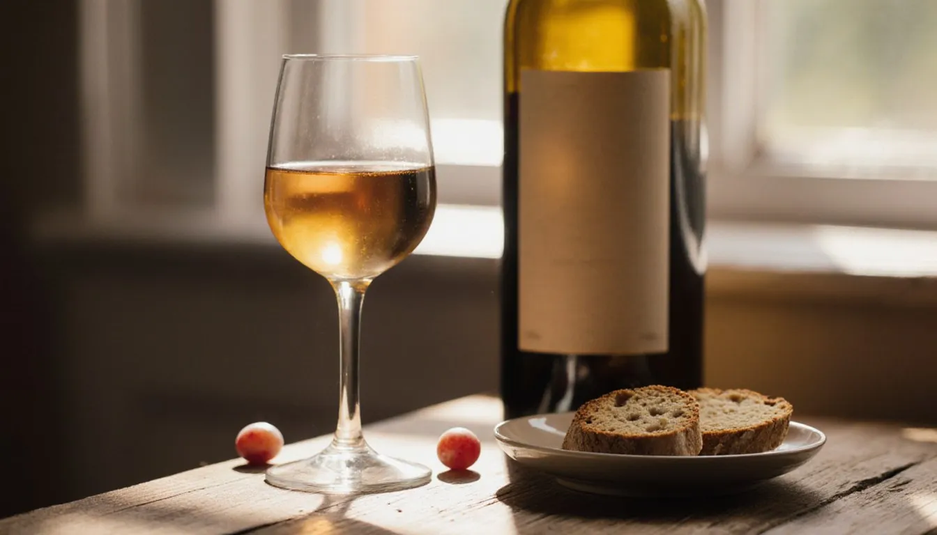 A glass of golden Italian dessert wine with biscotti and grapes on a rustic table