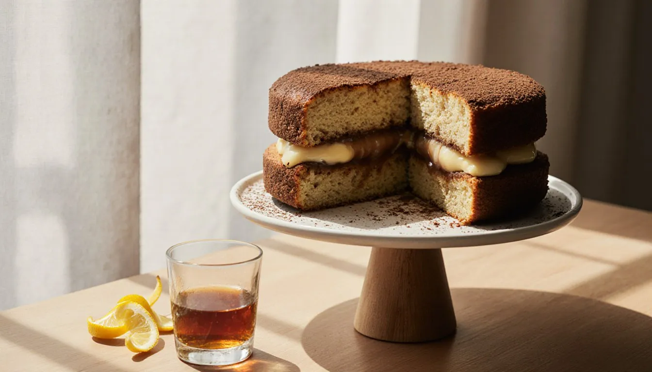 A sliced Italian rum cake with rum-soaked layers and custard filling beside a small glass of dark rum