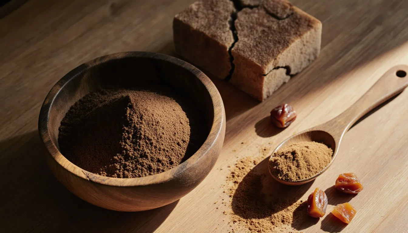 A bowl of dark brown sugar with maple sugar and date sugar as jaggery substitutes on a wooden counter