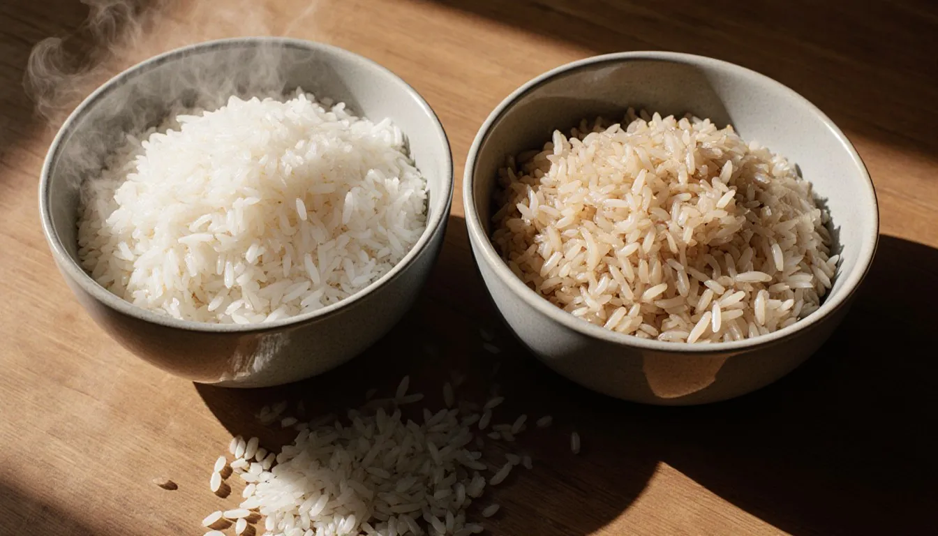 Two bowls of cooked rice side by side comparing the shorter jasmine grains with the longer basmati grains