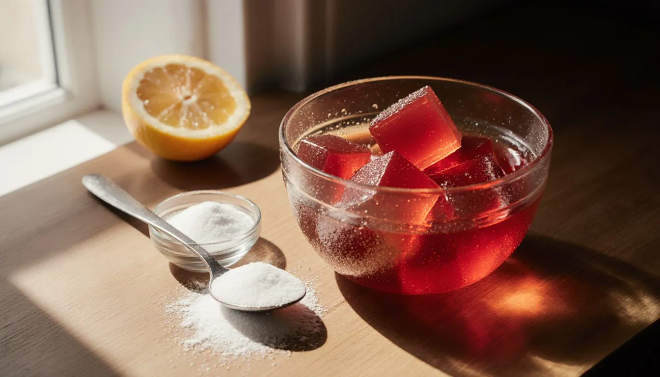 A bowl of red gelatin cubes beside powdered gelatin, sugar, and citrus fruit on a kitchen counter