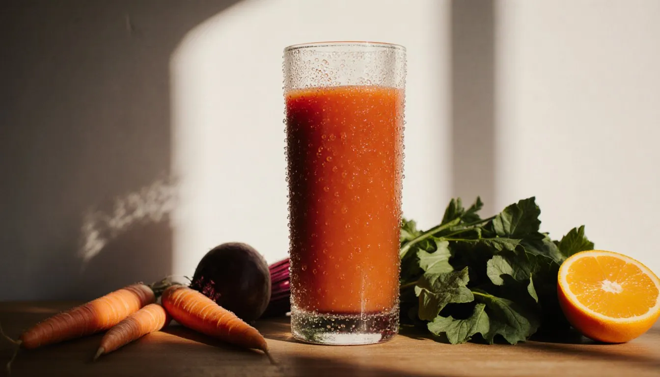 A glass of fresh vegetable juice surrounded by whole carrots, beets, greens, and citrus on a kitchen counter