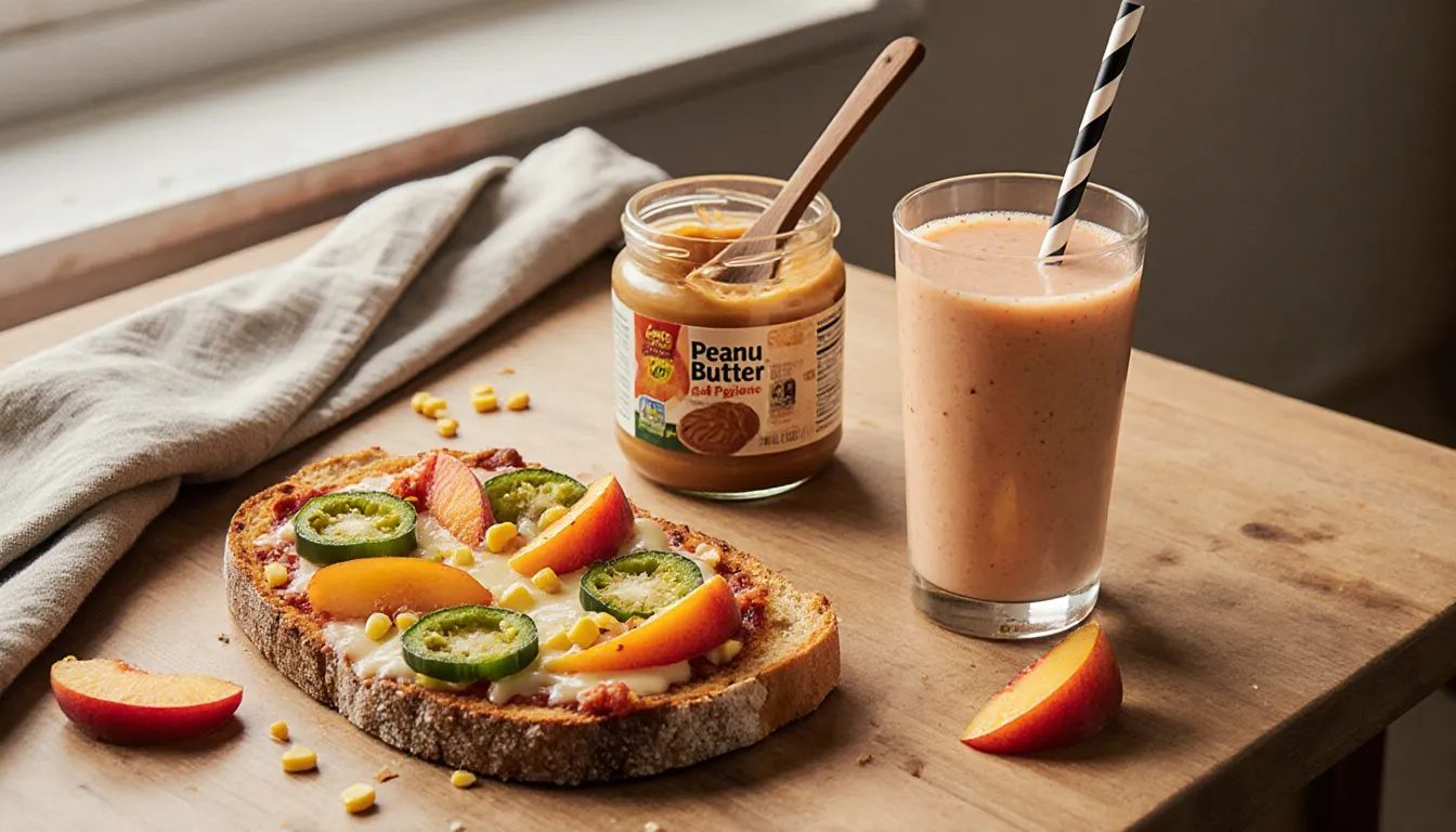 Veggie pizza bread, peanut butter honey spread, and a peach smoothie arranged on a table for kids