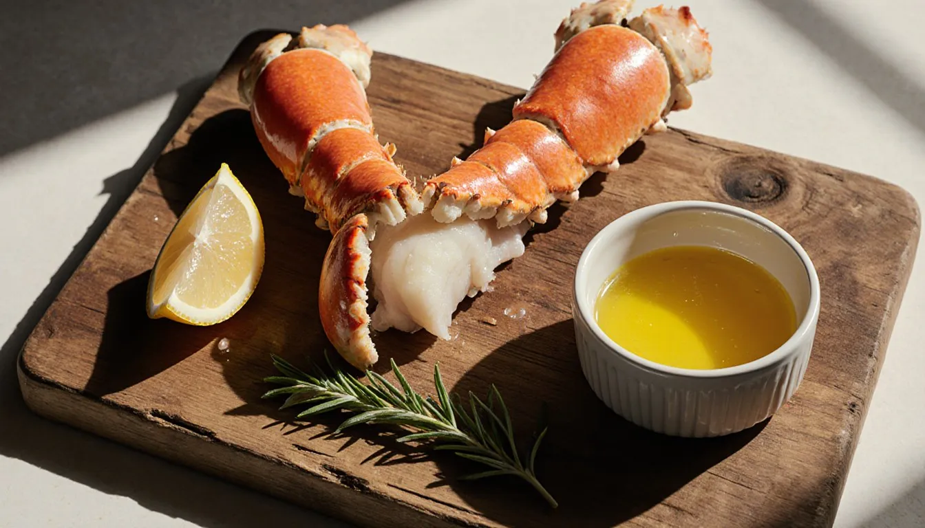 Steamed king crab legs cracked open beside a bowl of melted butter and lemon