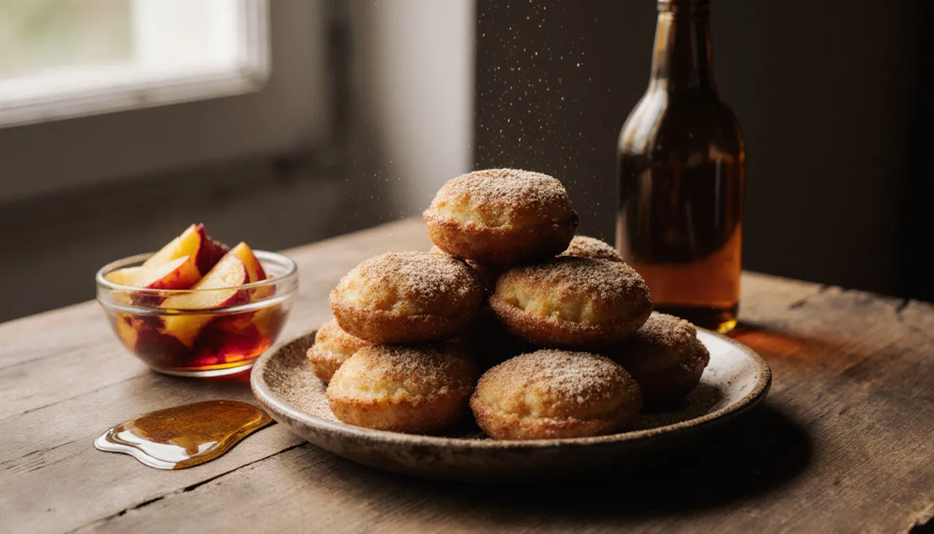 Golden fried fruit fritters with cinnamon sugar beside diced fruit soaking in kirsch liqueur
