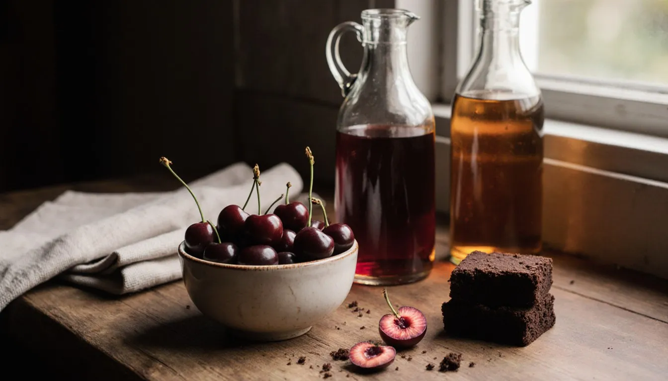 Fresh cherries and unlabeled liqueur bottles on a wooden counter, ingredients for a kirsch substitute in Black Forest cake