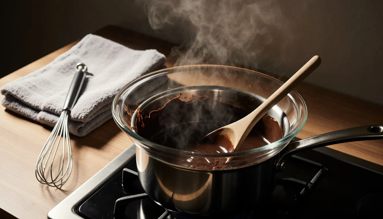 A glass bowl set over a steaming saucepan as a makeshift double boiler, melted chocolate stirred with a wooden spoon