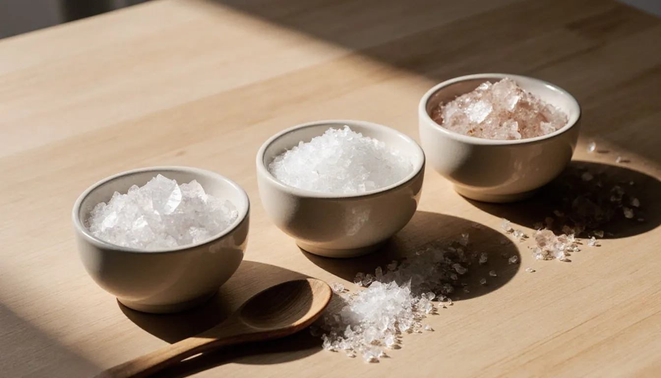 Bowls of kosher salt, table salt, and sea salt showing their different grain textures side by side