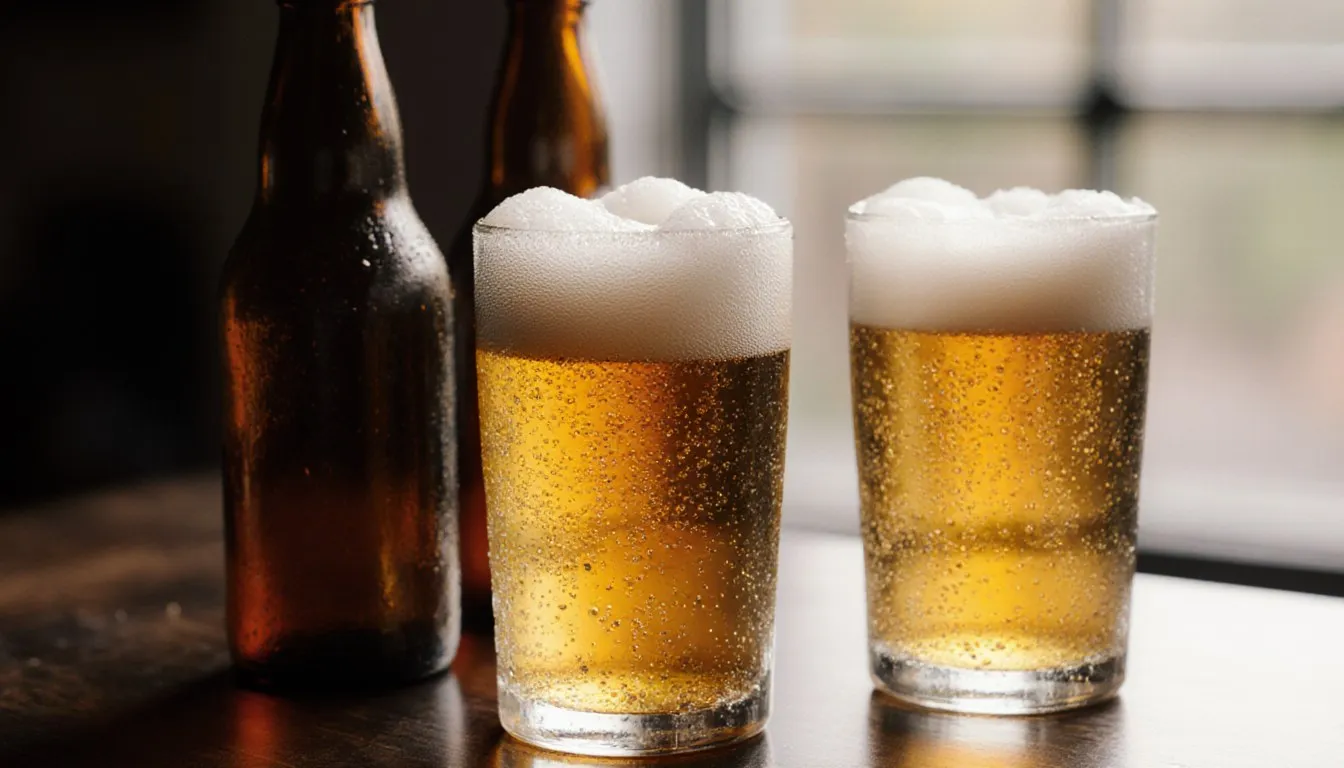 Glasses of golden lager beer with foamy heads on a bar, showing the range of lager styles and colors