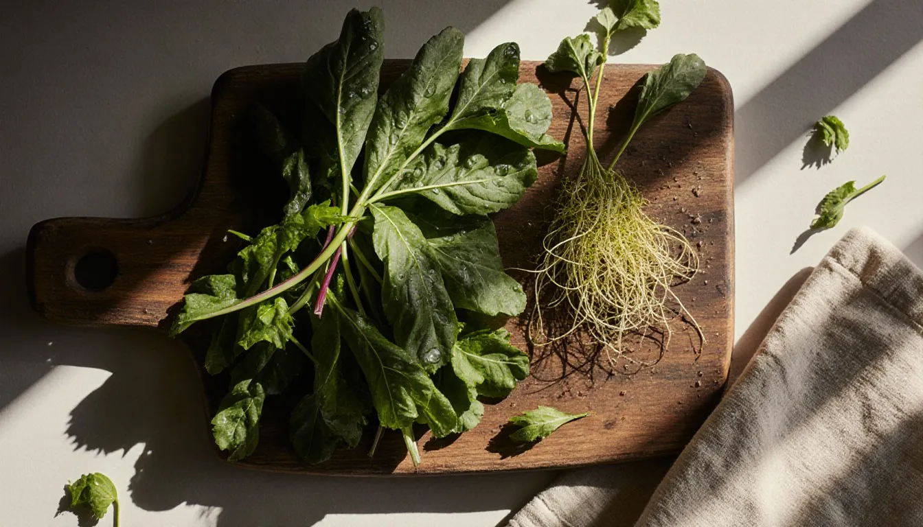 Fresh arugula, dandelion greens, and radish sprouts arranged on a wooden board as watercress alternatives