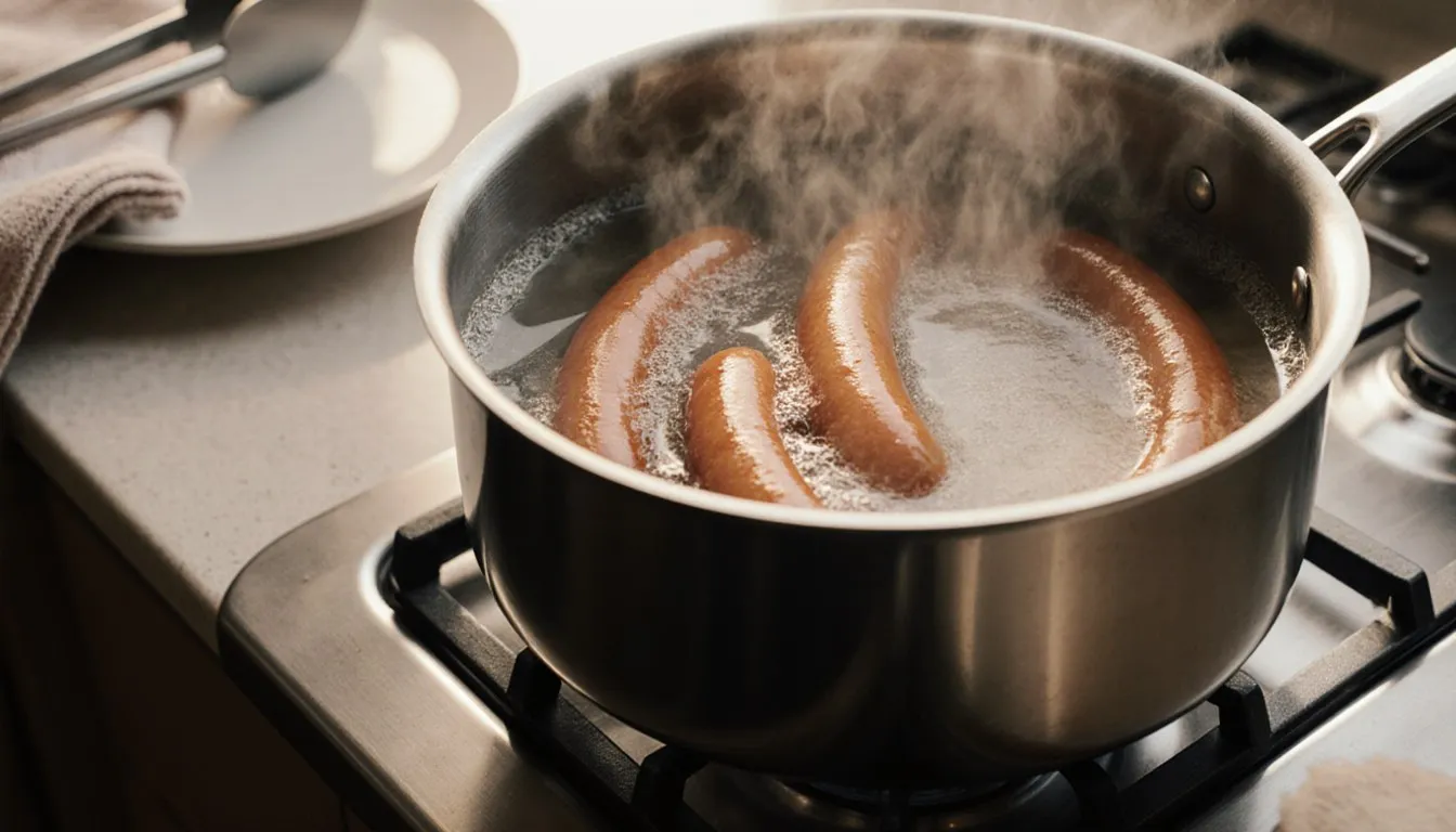 Classic hot dogs simmering in a pot of gently boiling water on a stovetop