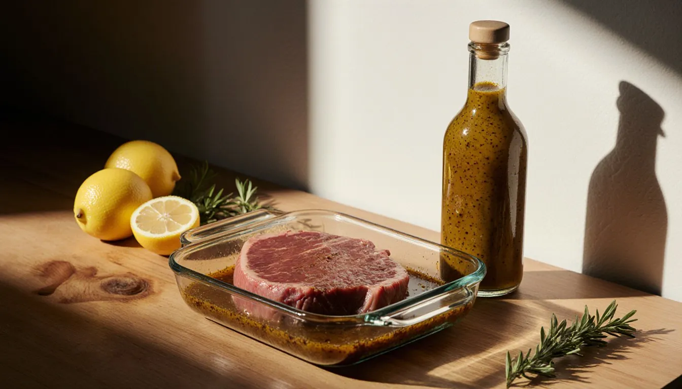 A beef steak marinating beside a bottle of Italian dressing and fresh lemons on a kitchen counter