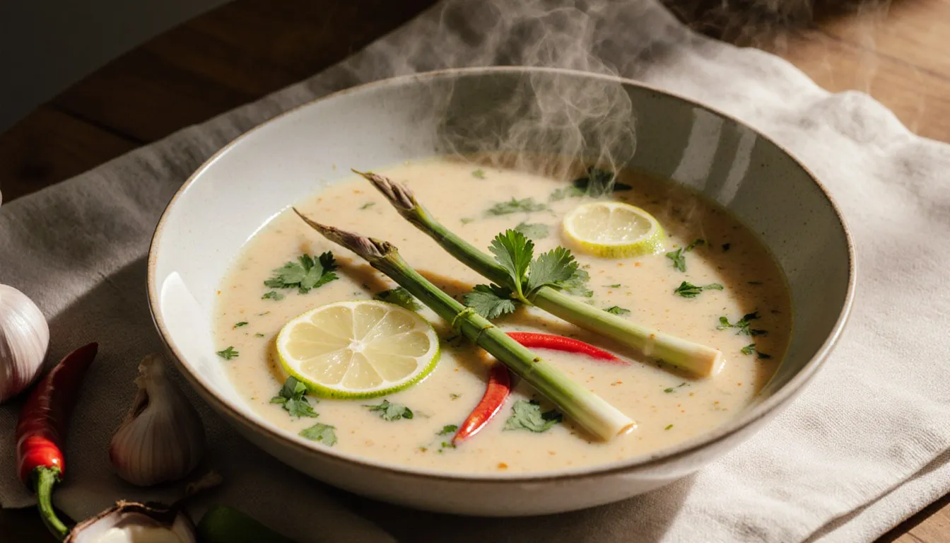 A bowl of coconut lemongrass soup garnished with crossed lemongrass stalks, lime leaves, and chili