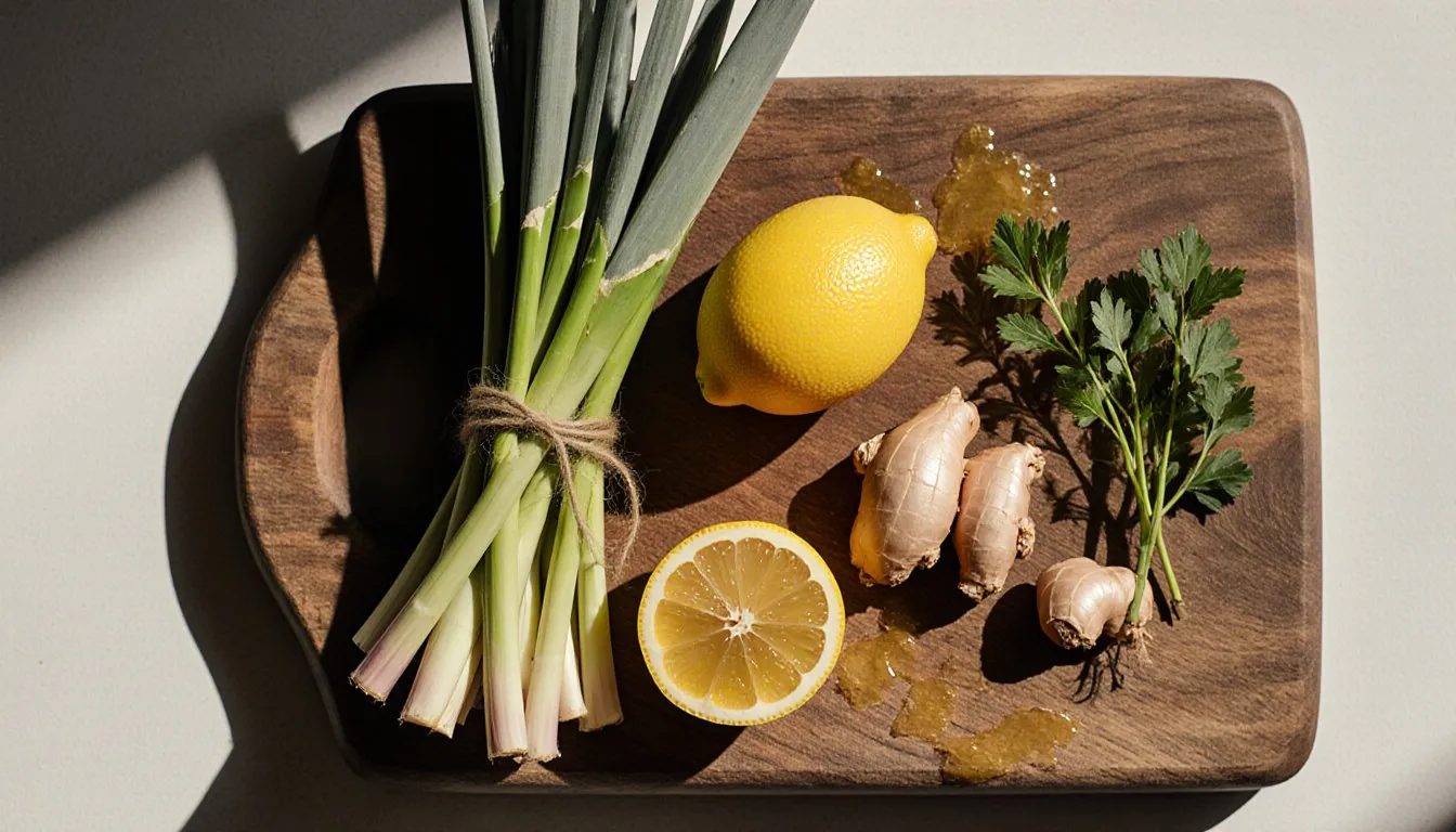 Fresh lemongrass stalks beside a halved preserved lemon and fresh ginger, common lemongrass substitutes