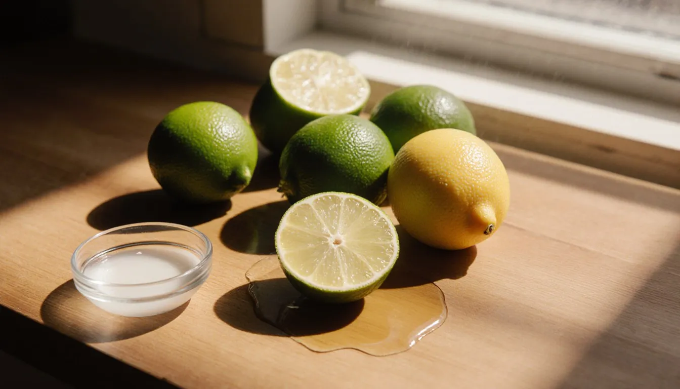 Halved limes beside a lemon and a small dish of vinegar on a wooden counter, showing common lime juice substitutes