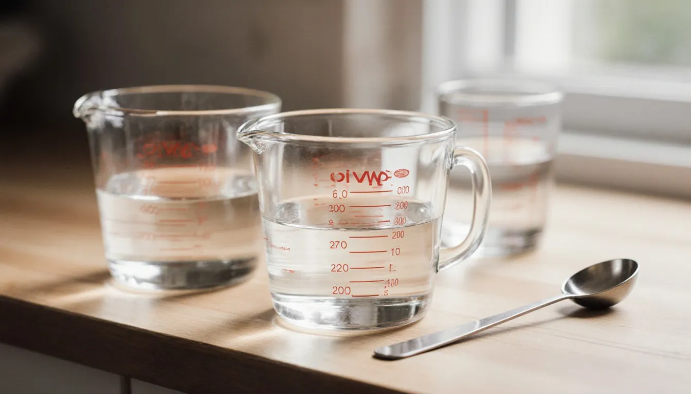 Glass measuring cups filled with water at different levels beside a measuring spoon on a kitchen counter