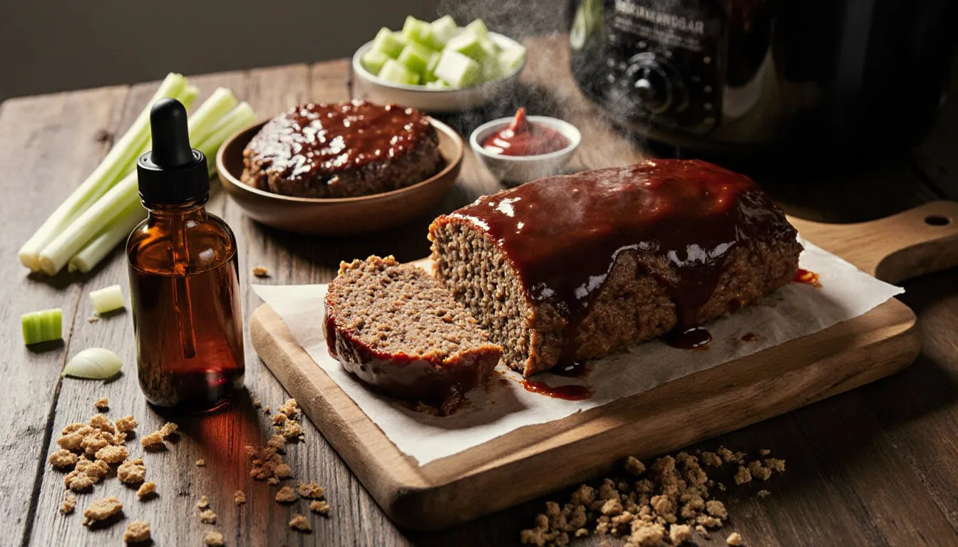 Sliced barbecue-glazed meatloaf and a glazed slow cooker burger patty beside a small bottle of liquid smoke