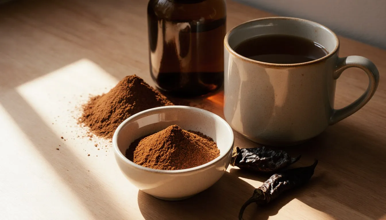 Smoked paprika, chipotle peppers, and brewed tea arranged as liquid smoke substitutes on a kitchen counter