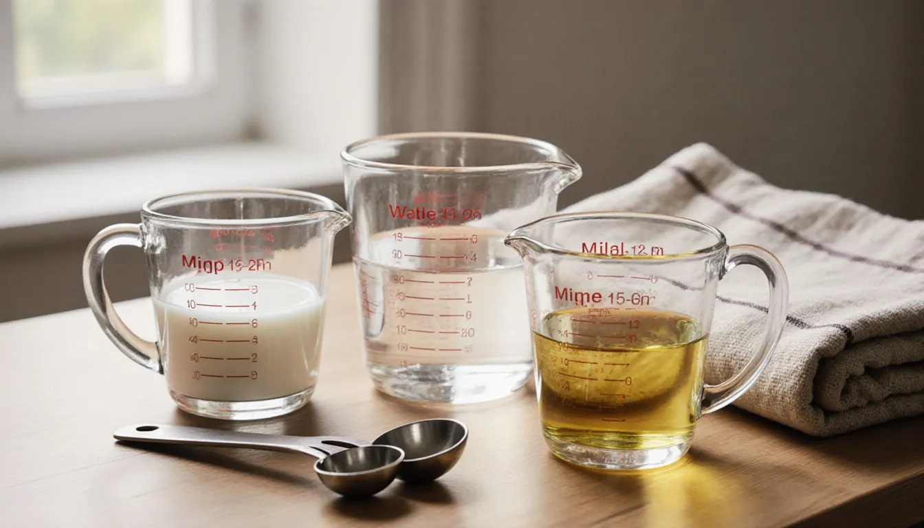 Glass measuring cups and spoons filled with milk, water, and oil on a kitchen counter