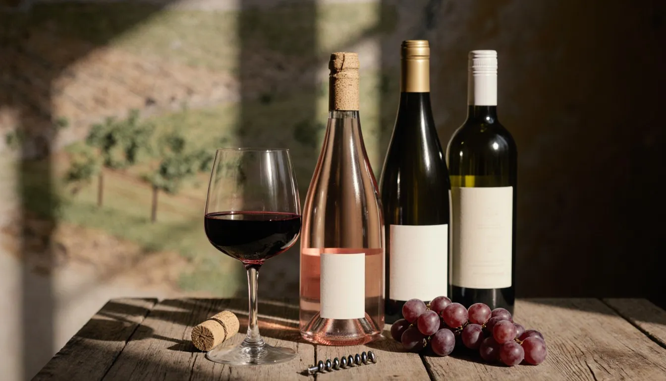 Bottles of red, rosé, and sparkling wine with a poured glass on a rustic wooden table