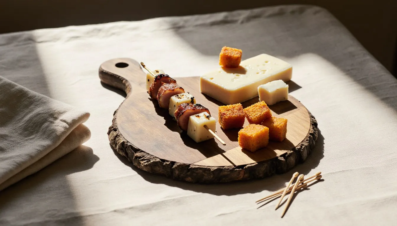 A wooden board with skewered cheese, grilled meat bites, and fried sweet potato finger foods for a party