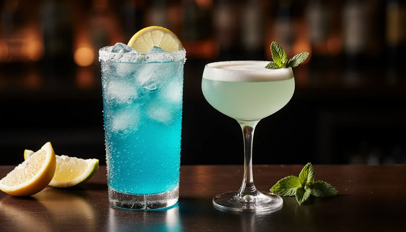 A vivid blue cocktail beside a pale green creamy cocktail on a bar counter