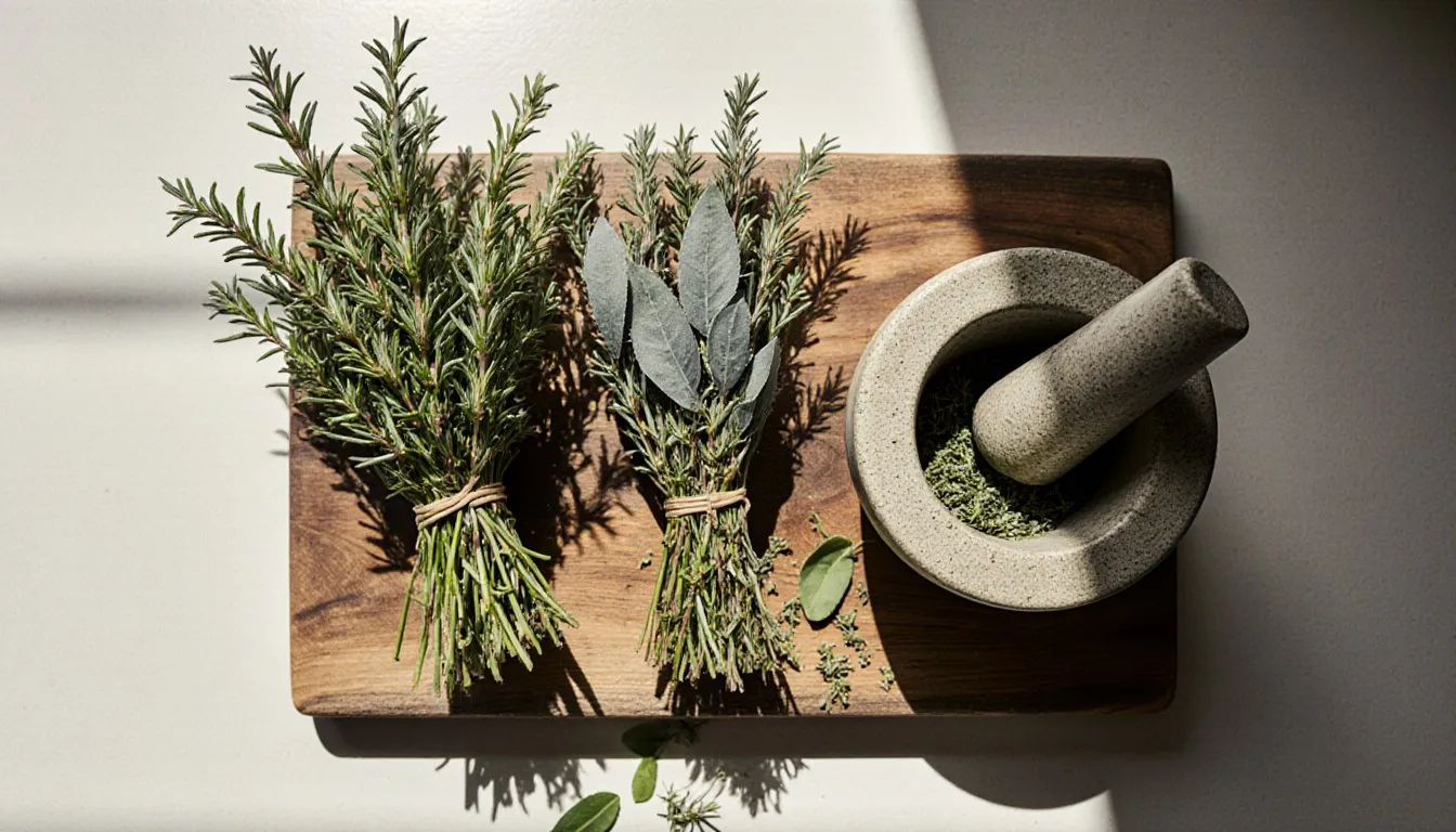 Bundles of fresh rosemary, thyme, and sage beside a stone mortar and pestle on a wooden board