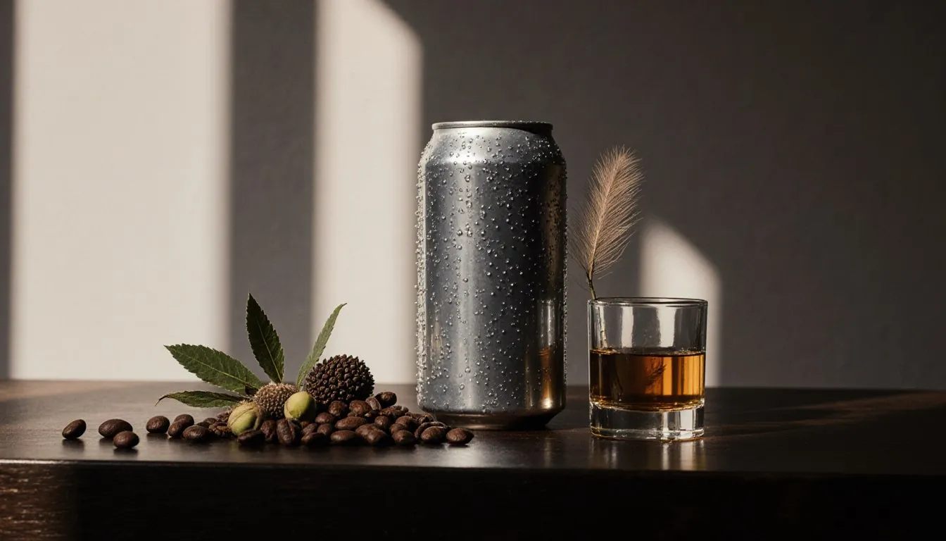Unlabeled energy drink can beside coffee beans, guarana berries, and wormwood sprig on a bar counter