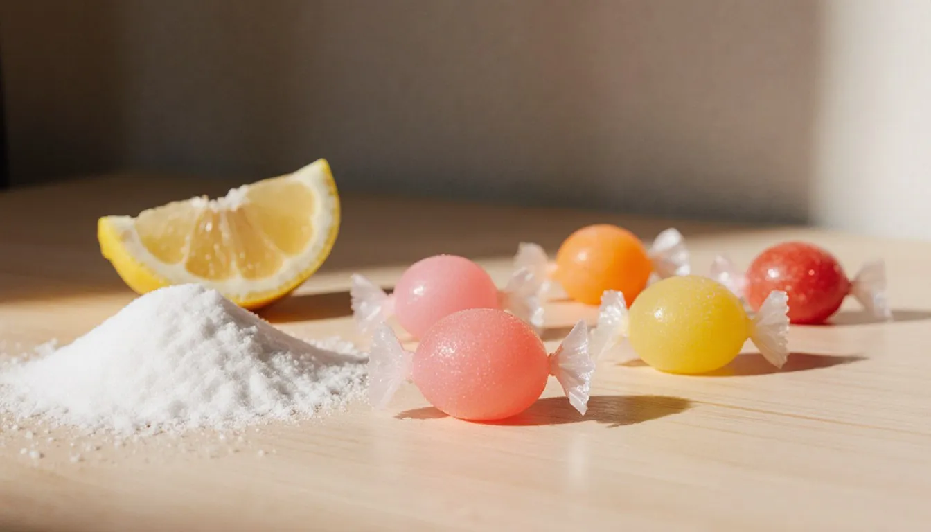 Unwrapped colorful chewy fruit candies beside sugar and a lemon wedge, hinting at their ingredients