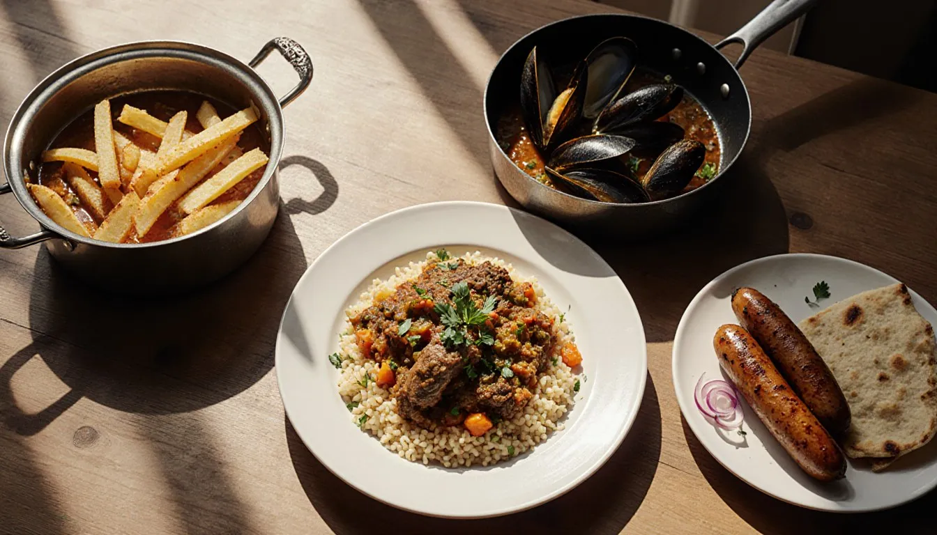 A spread of national dishes including couscous with lamb, moules-frites, and grilled ćevapi with flatbread