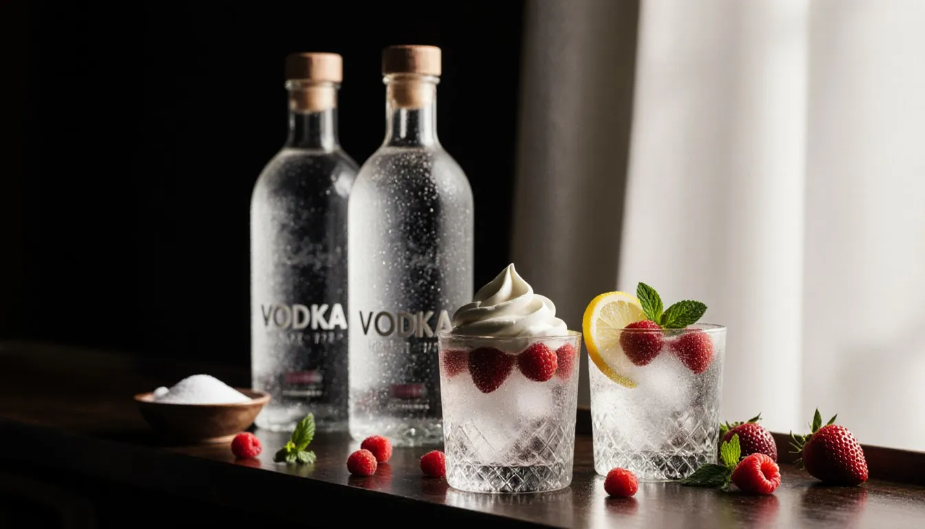 Unlabeled vodka bottles with poured cocktails garnished in whipped cream, berries, and citrus