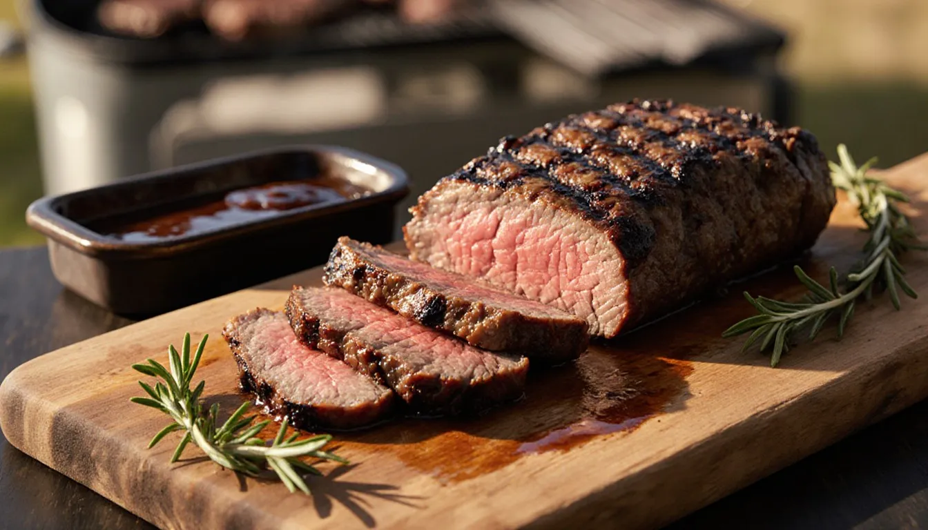 Sliced grilled London broil steak showing a charred crust and juicy pink center on a wooden board