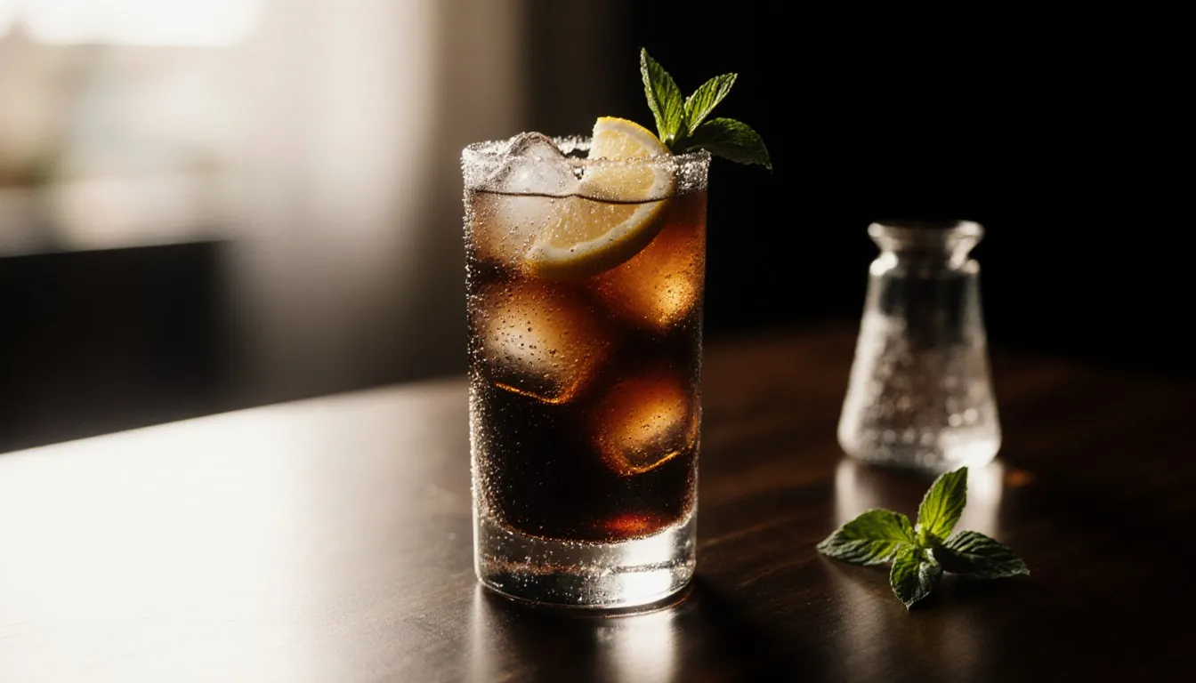 A Long Island Iced Tea in a highball glass with ice and lemon wedges on a bar counter