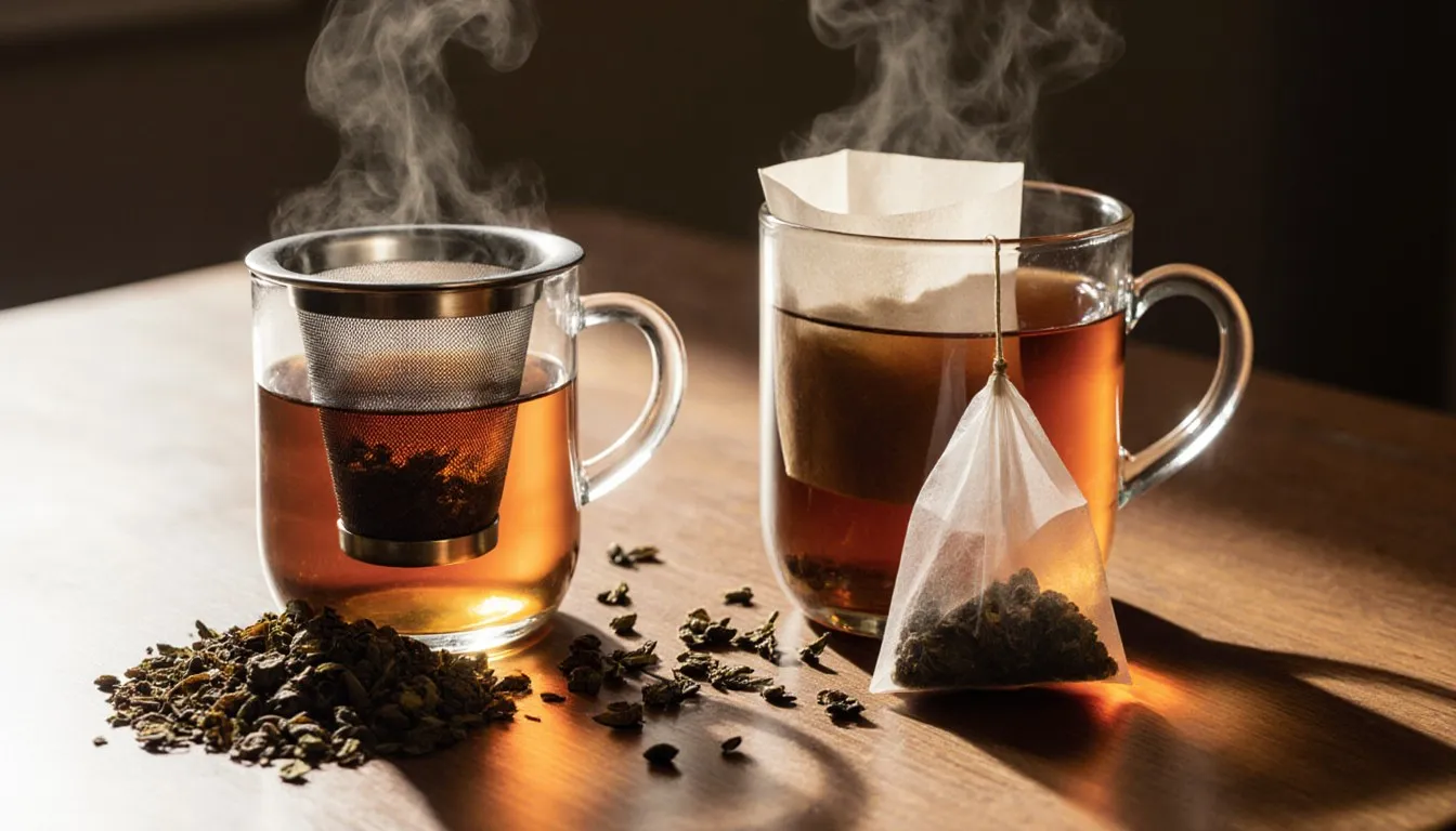 Loose leaf tea in an infuser steeping beside a paper tea bag in glass cups on a wooden table