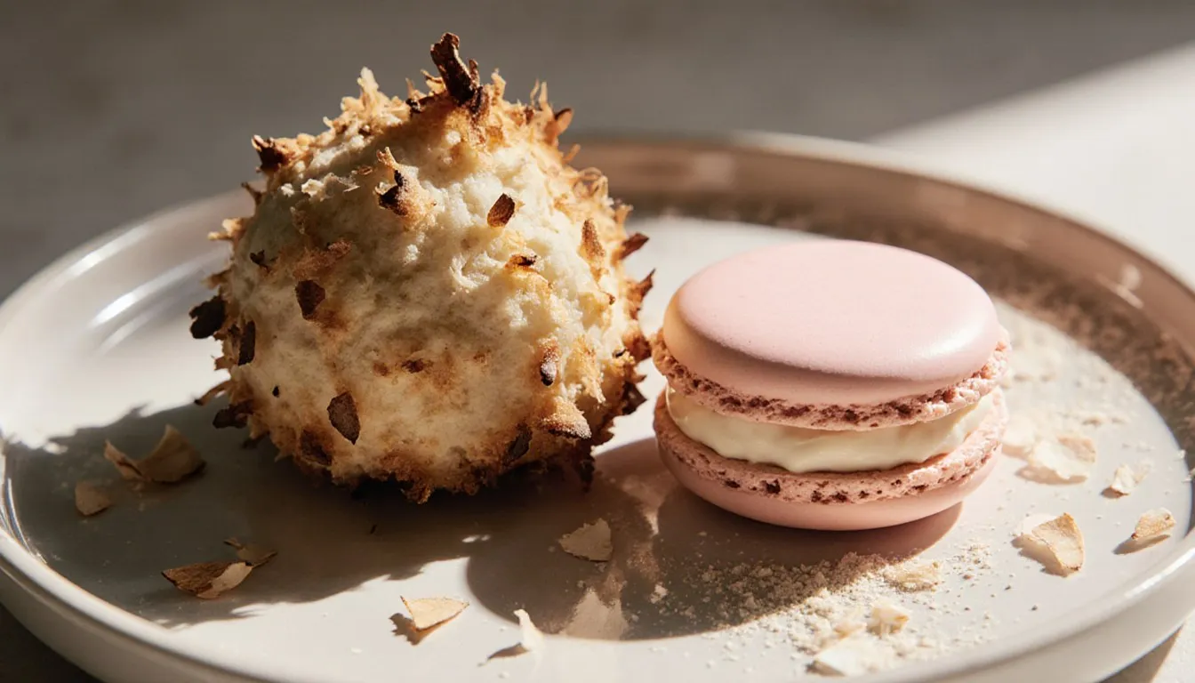 A toasted coconut macaroon beside a smooth pastel macaron, showing their different textures